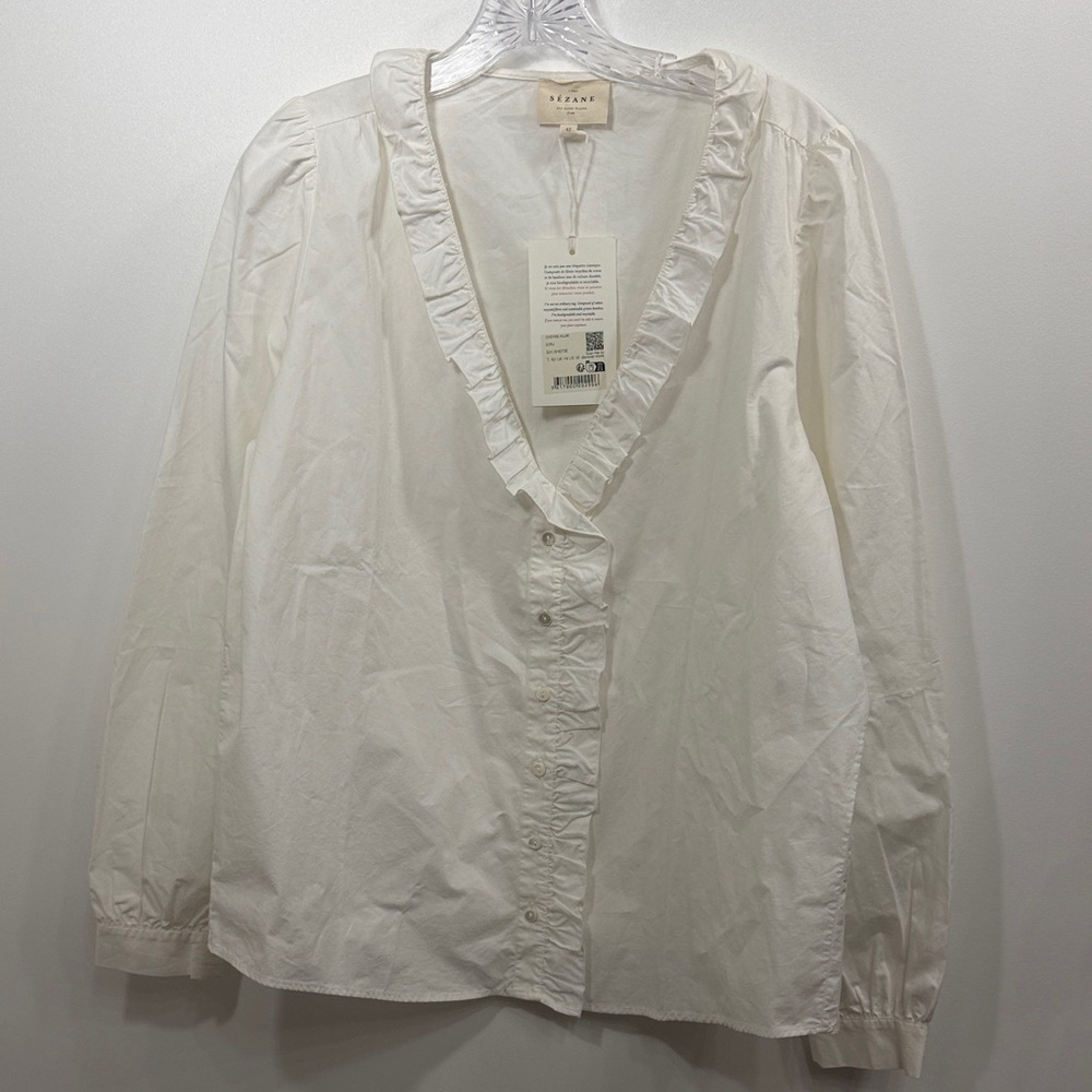 Sezane Aluki Rosine Button Down Ruffle Trim Top size 42. NWT.